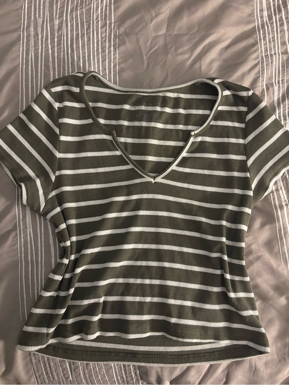 eye candy Olive & White Striped V-Neck Short Sleeve Tee